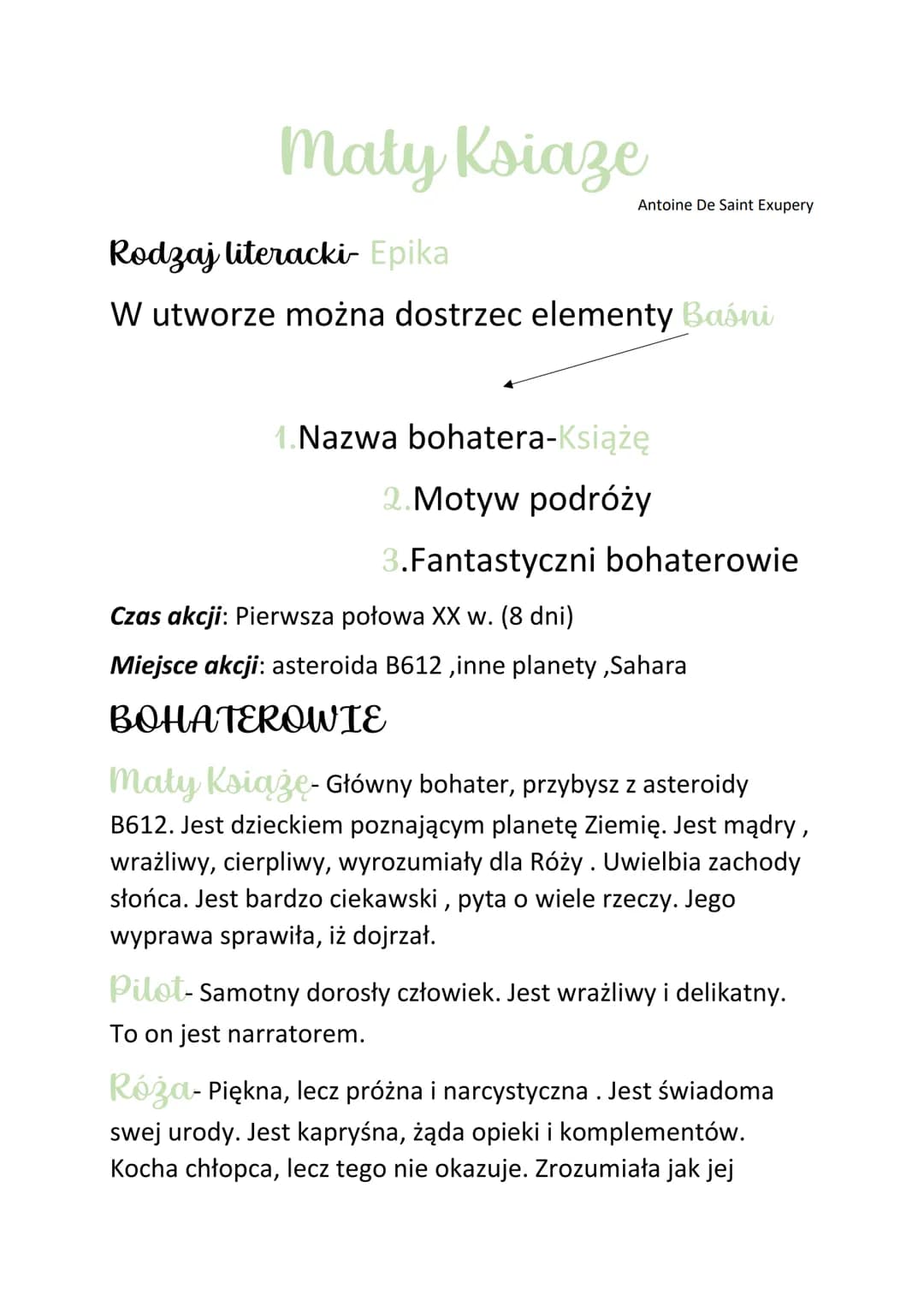 Maty Ksiaze
Antoine De Saint Exupery
Rodzaj literacki- Epika
W utworze można dostrzec elementy Baśni
1.Nazwa bohatera-Książę
2.Motyw podróży