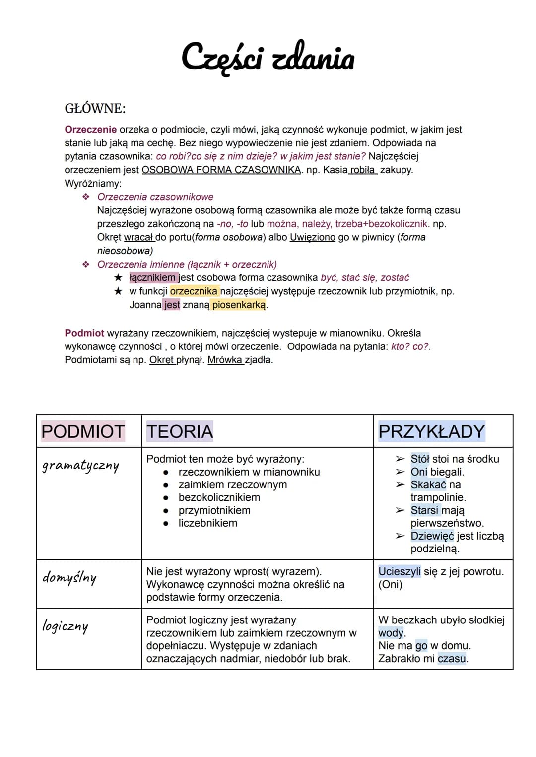 Części zdania
GŁÓWNE:
Orzeczenie orzeka o podmiocie, czyli mówi, jaką czynność wykonuje podmiot, w jakim jest
stanie lub jaką ma cechę. Bez 