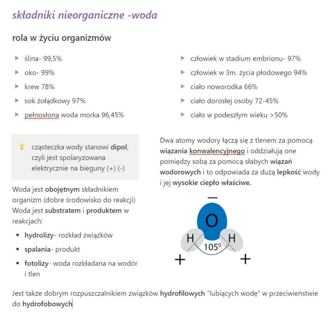 składniki nieorganiczne -woda
rola w życiu organizmów
► ślina- 99,5%
► oko-99%
► krew 78%
▸ sok żołądkowy 97%
► pełnosłona woda morka 96,45%