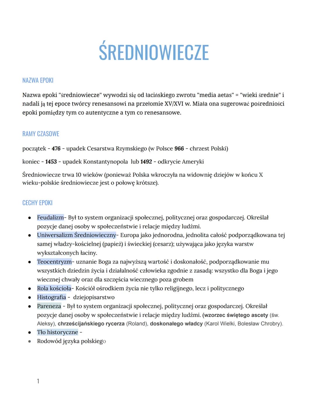 ŚREDNIOWIECZE
NAZWA EPOKI
Nazwa epoki "średniowiecze" wywodzi się od łacińskiego zwrotu "media aetas" = "wieki średnie" i
nadali ją tej epoc