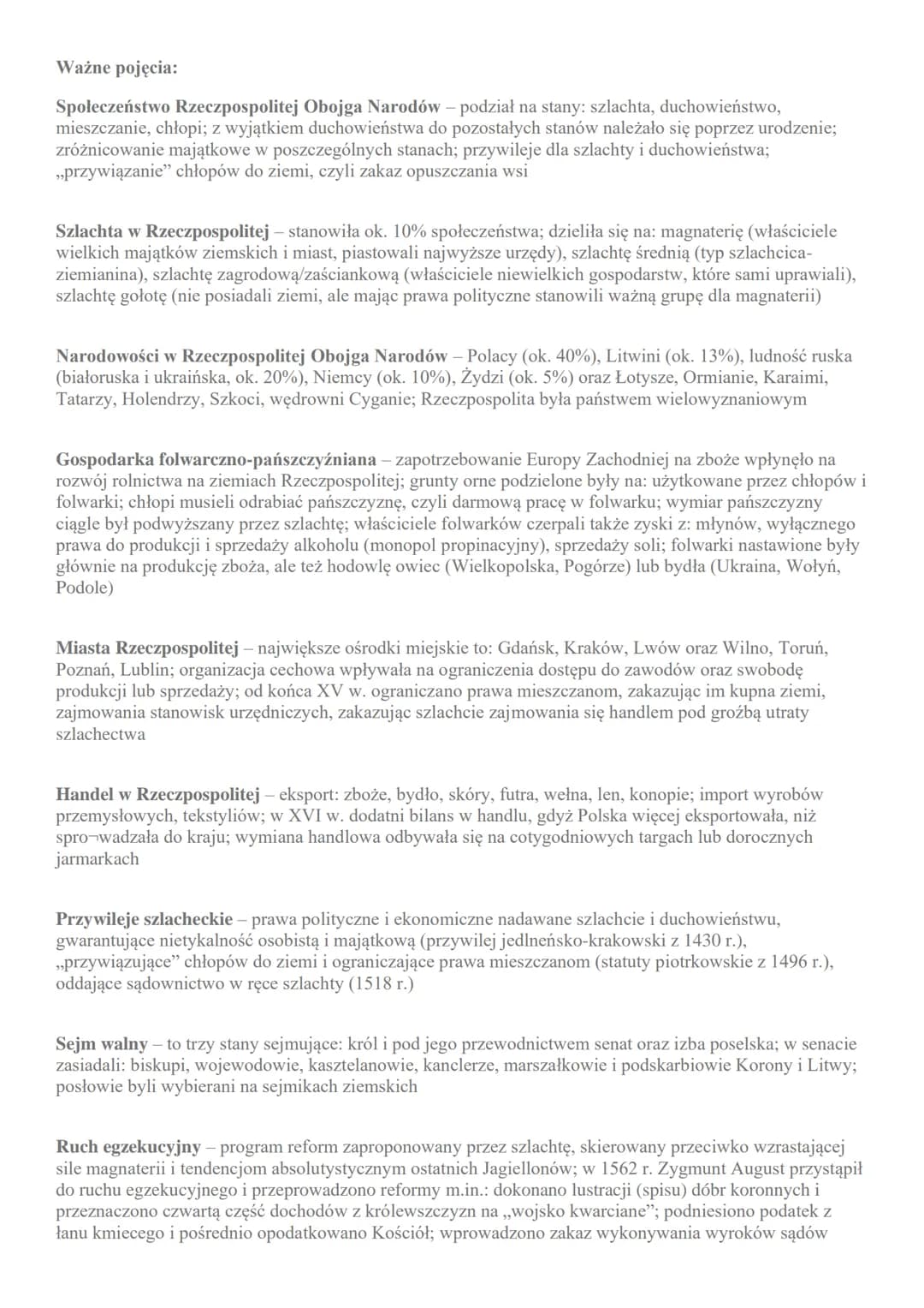Ważne pojęcia:
Społeczeństwo Rzeczpospolitej Obojga Narodów - podział na stany: szlachta, duchowieństwo,
mieszczanie, chłopi; z wyjątkiem du