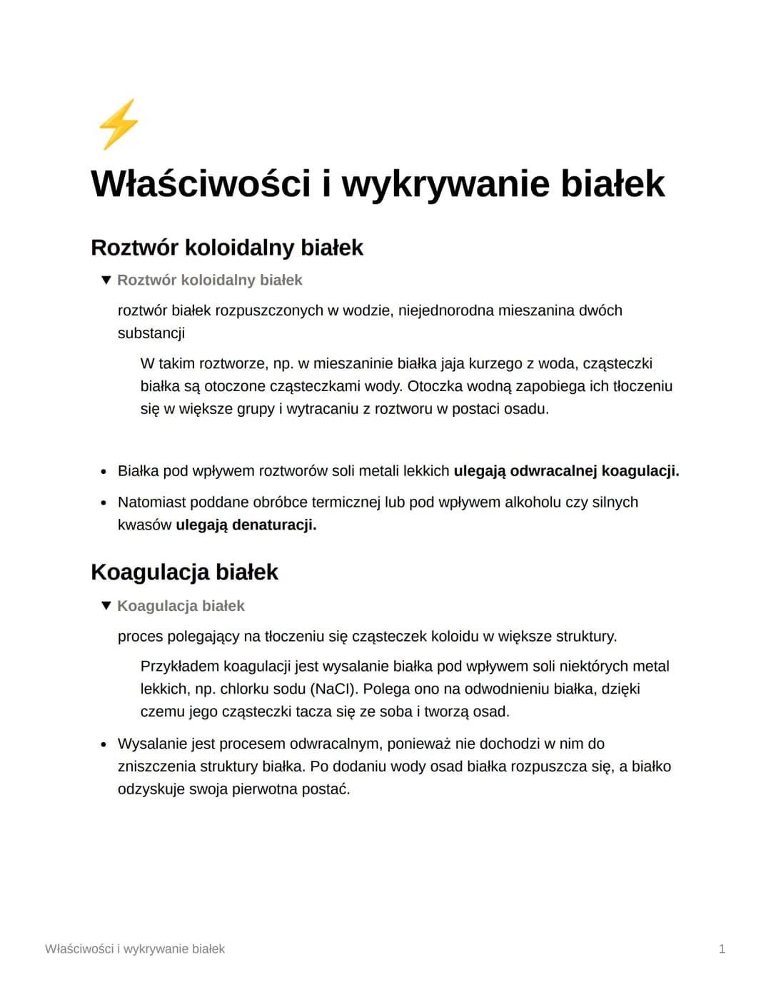 Właściwości i wykrywanie białek
Roztwór koloidalny białek
Roztwór koloidalny białek
roztwór białek rozpuszczonych w wodzie, niejednorodna mi