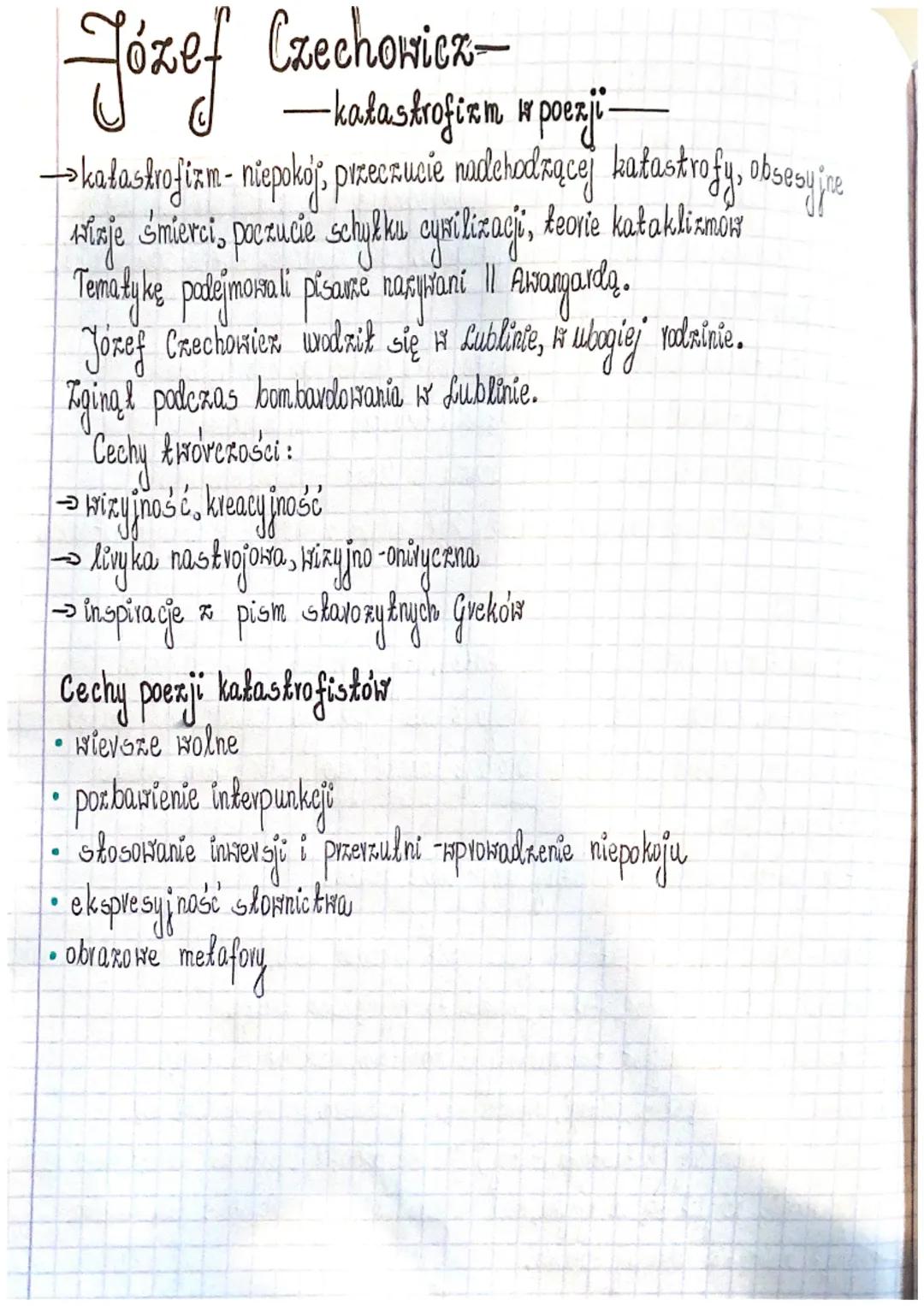 Józef Czechowicz-
-katastrofizm w poezji-
→katastrofizm - niepokój, przeczucie nudehodzącej katastrofy, obsesyjne
wizje śmierci, poczucie sc