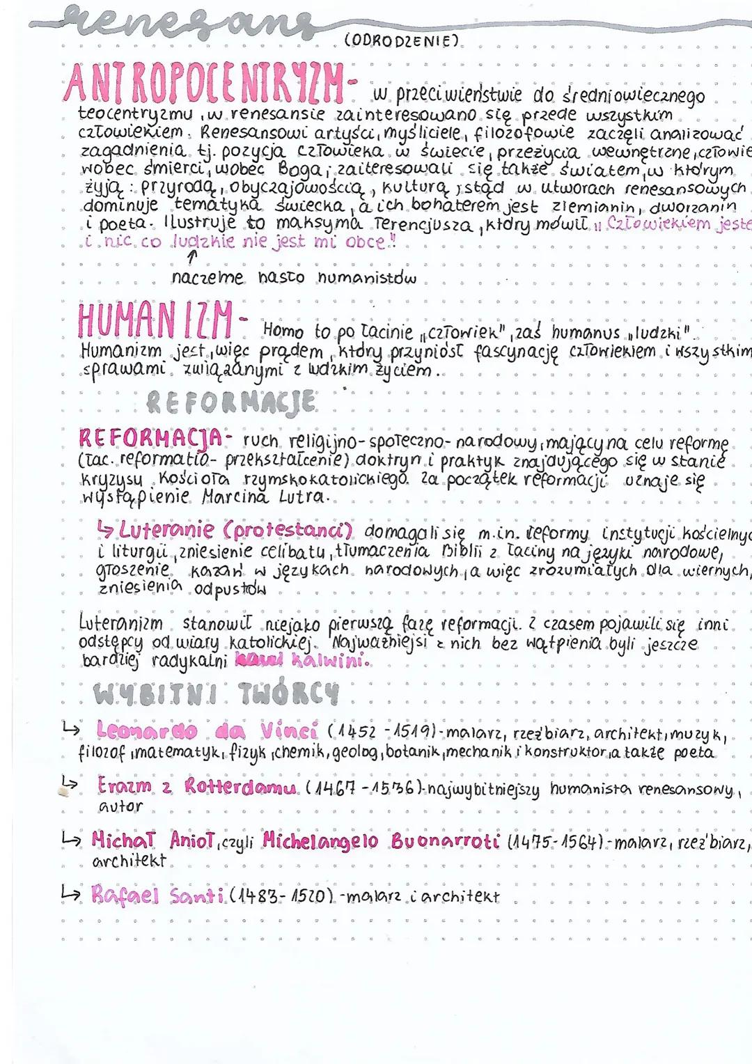 renesans (ODRODZENIE).
ANTROPOCENTRYZM-
w przeciwieństwie do średniowiecznego
teocentryzmu, w renesansie zainteresowano się przede wszystkim