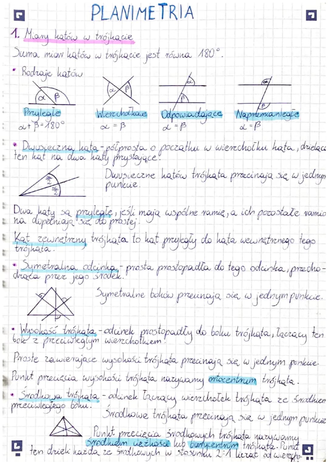 E
G
1. Miary katów w trójkącie
Suma miaw kątów w trójkącie jest równa 180°.
Rodzaje kątów
PLANIMETRIA
Przylegie
2+3=180°
B
Werechołkowe Odpo