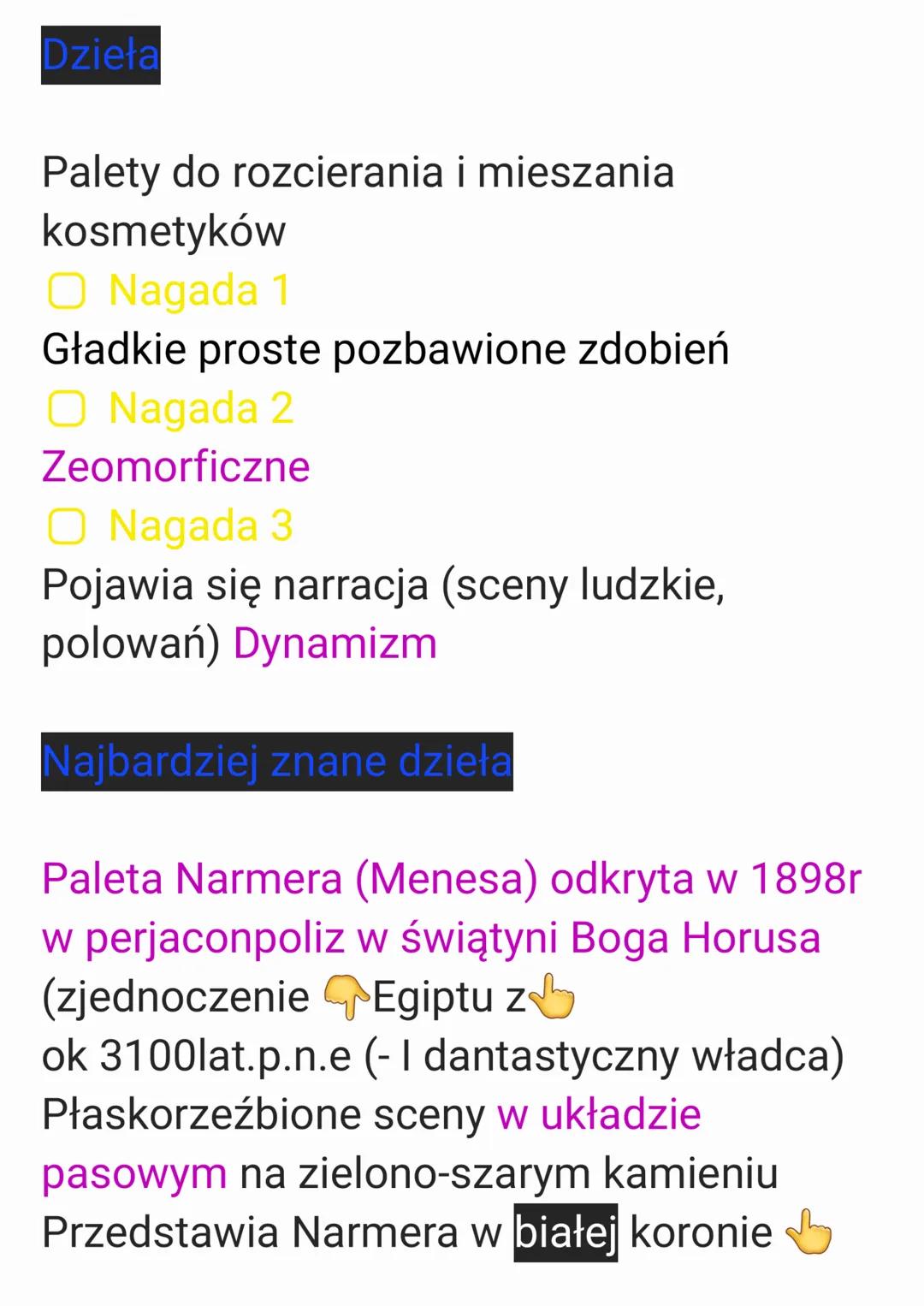 Egipt camet

Czas 4000 p.n.e-650r.

Okresy:

Predynastyczny

Początki twórczości artystycznej

Wazy

kamienne

Ceramika

malowana na biało

