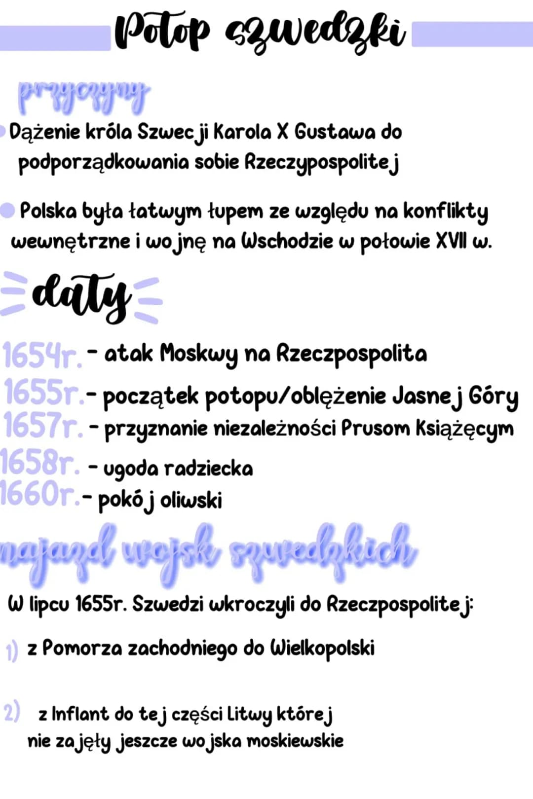 Potop szwedzki
przyczyny
Dążenie króla Szwecji Karola X Gustawa do
podporządkowania sobie Rzeczypospolitej
●Polska była łatwym łupem ze wzgl