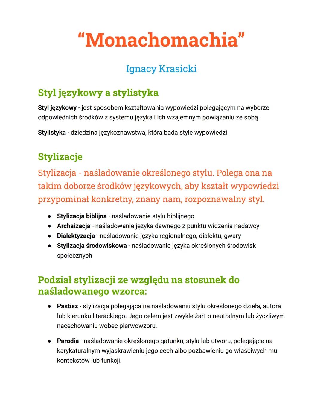 # "Monachomachia"

Ignacy Krasicki

Styl językowy a stylistyka

Styl językowy - jest sposobem kształtowania wypowiedzi polegającym na wyborz