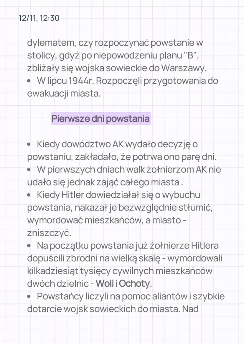 12/11, 12:30
Powstanie Warszawskie
Powstanie Warszawskie
●
wybuchło 1 sieprnia 1944 o godzinie 17.00.
godzina "W".
Plan "Burza"
• "Burza" by