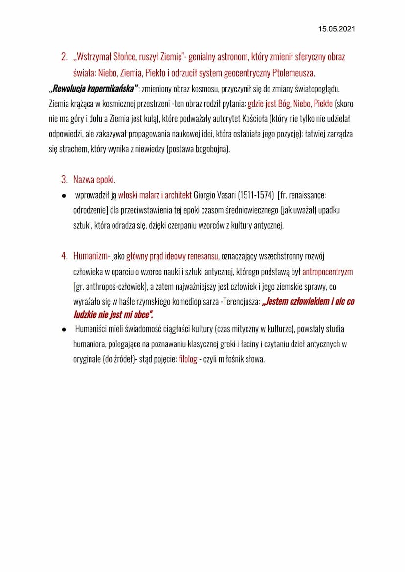 LEKCJA
Temat: Renesans -czyli wskrzeszenie ducha antyku i odrodzenie się człowieka
determinowane rewolucją światopoglądową.
1. Chronologia:
