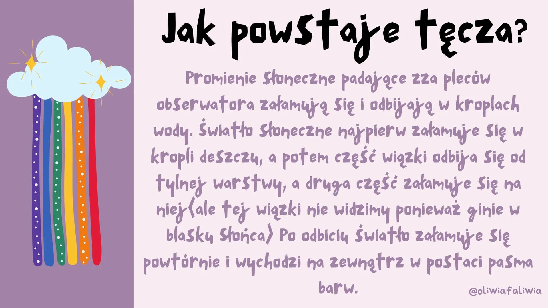 powstawanie tęczy
@oliwiafaliwia Tęcza to zjawisko optyczne i
meteorologiczne powstające w efekcie
rozszczepienia światła w kroplach
wody - 