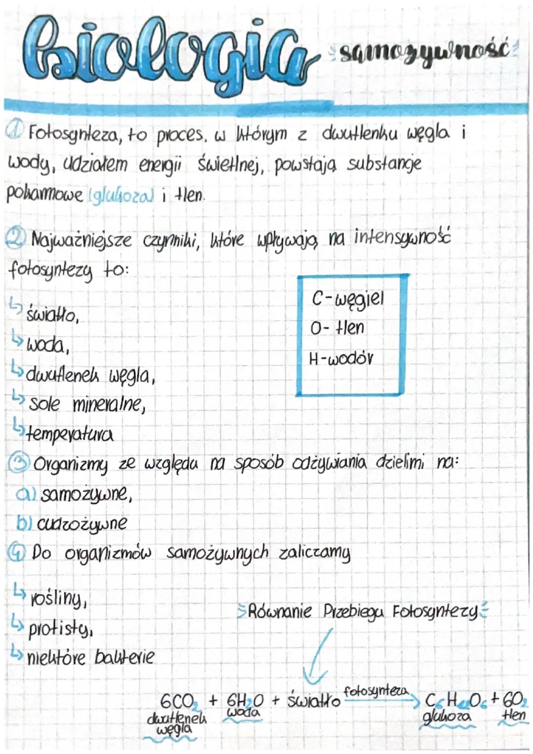 biologia
Fotosynteza, to proces, w którym z dwutlenku węgla i
wody, udziałem energii świetlnej, powstają substange
pohamowe (glukozal i tlen