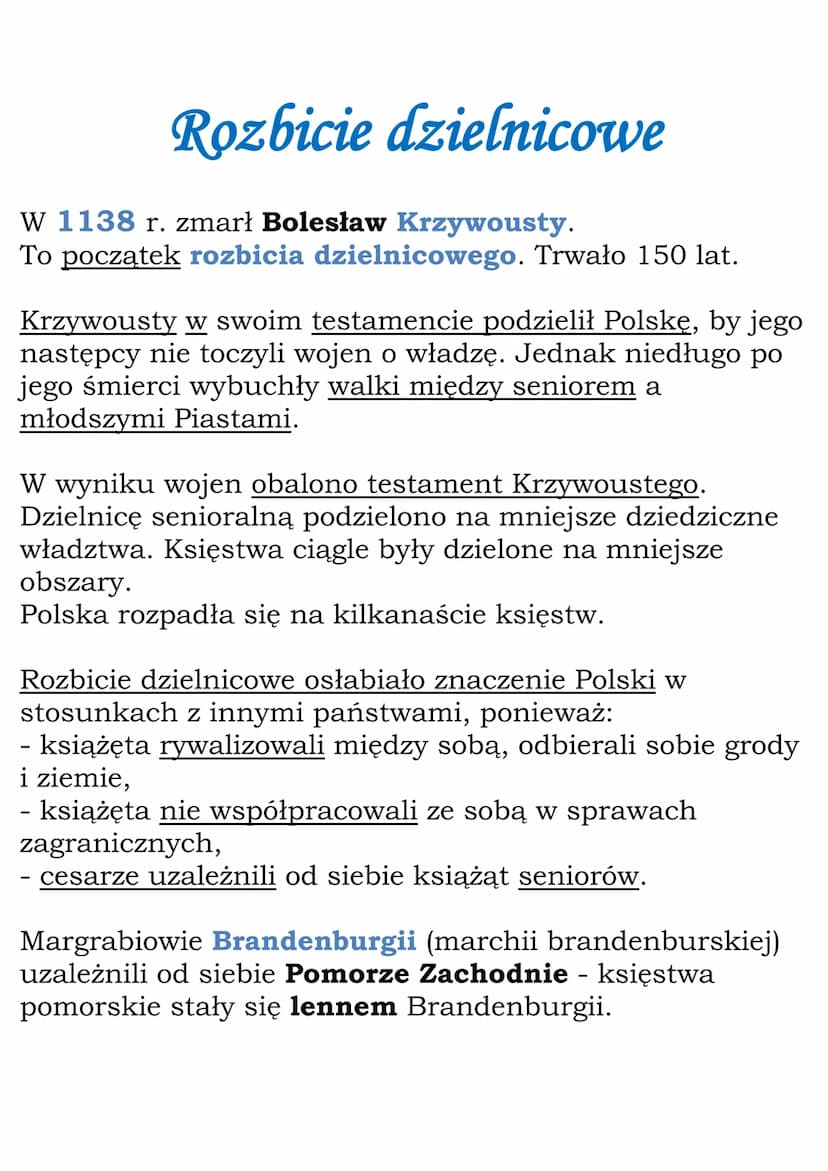 Rozbicie Dzielnicowe Notatka Rozbicie dzielnicowe - skutki, podział i bitwa pod Legnicą (Historia