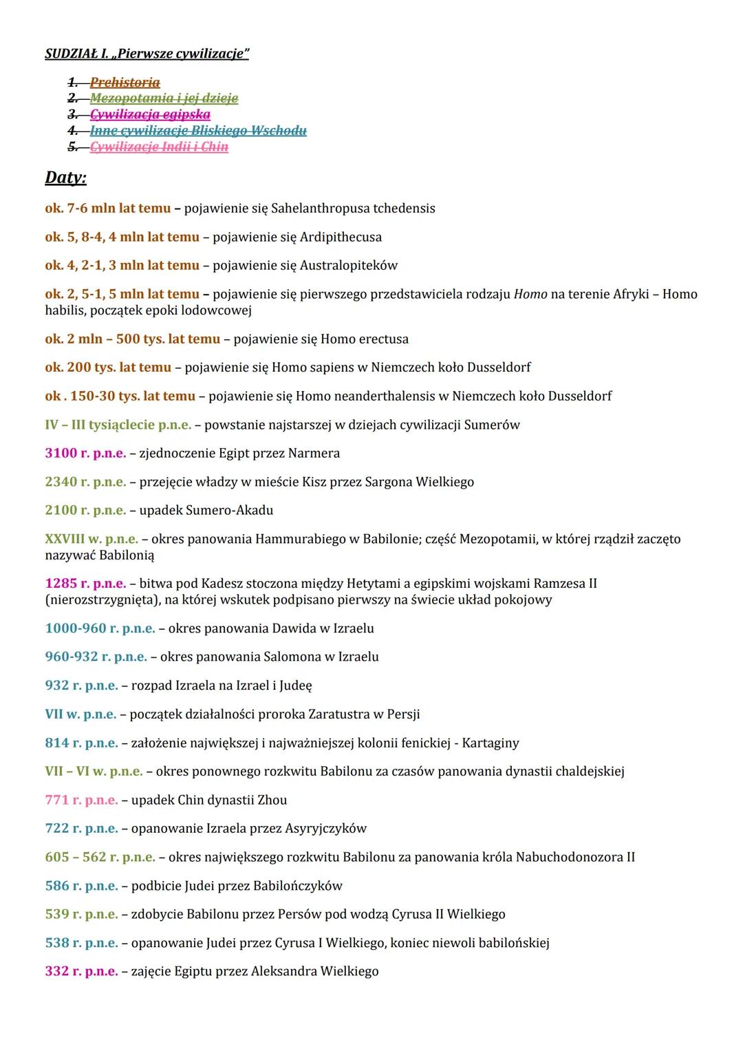 SUDZIAŁ I. Pierwsze cywilizacje"
1. Prehistoria
2. Mezopotamia i jej dzieje
3. Cywilizacja egipska
4. Inne cywilizacje Bliskiego Wschodu
5. 