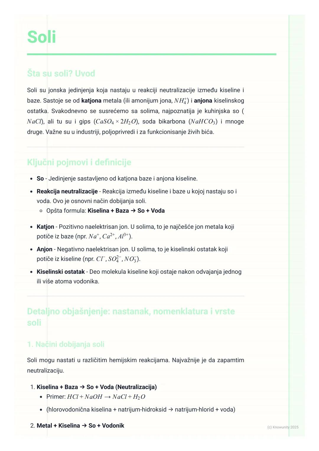 # Soli

Šta su soli? Uvod

Soli su jonska jedinjenja koja nastaju u reakciji neutralizacije između kiseline i
baze. Sastoje se od katjona me