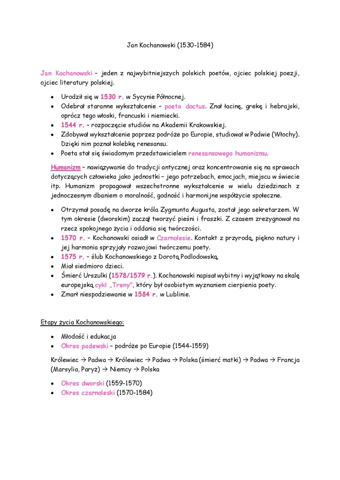 Jan Kochanowski - biografia i twórczość w punktach