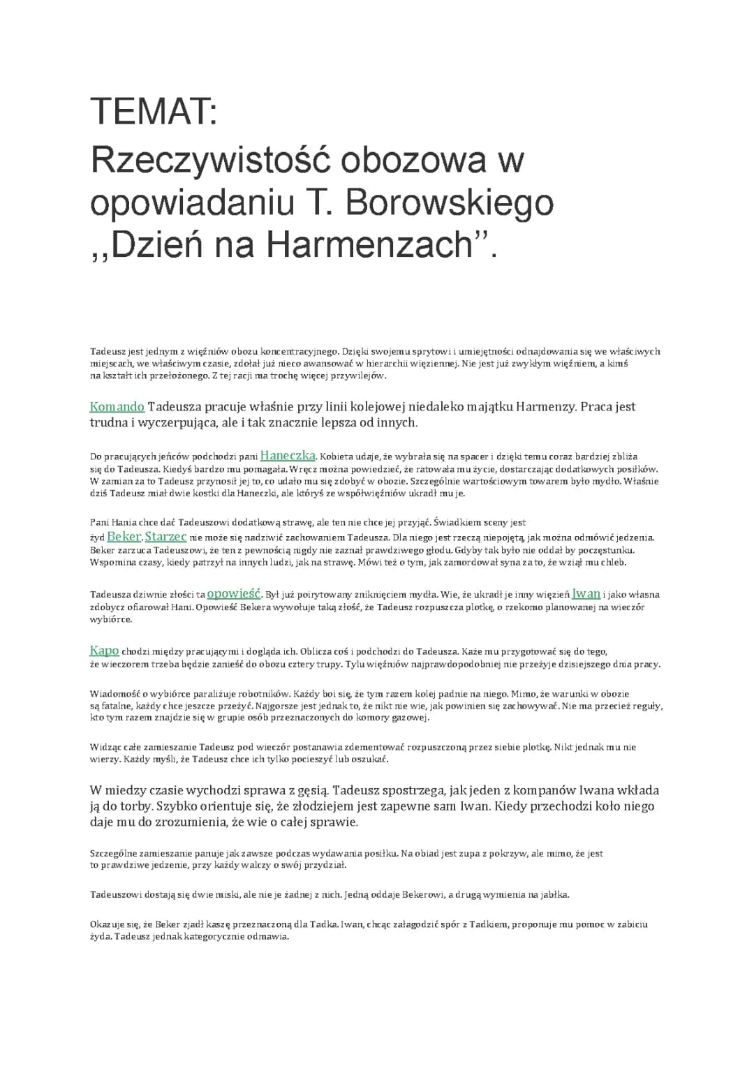 rzeczywistość obozowa w opowiadaniu Tadeusza Borowskiego ,,Dzień na Harmenzach"