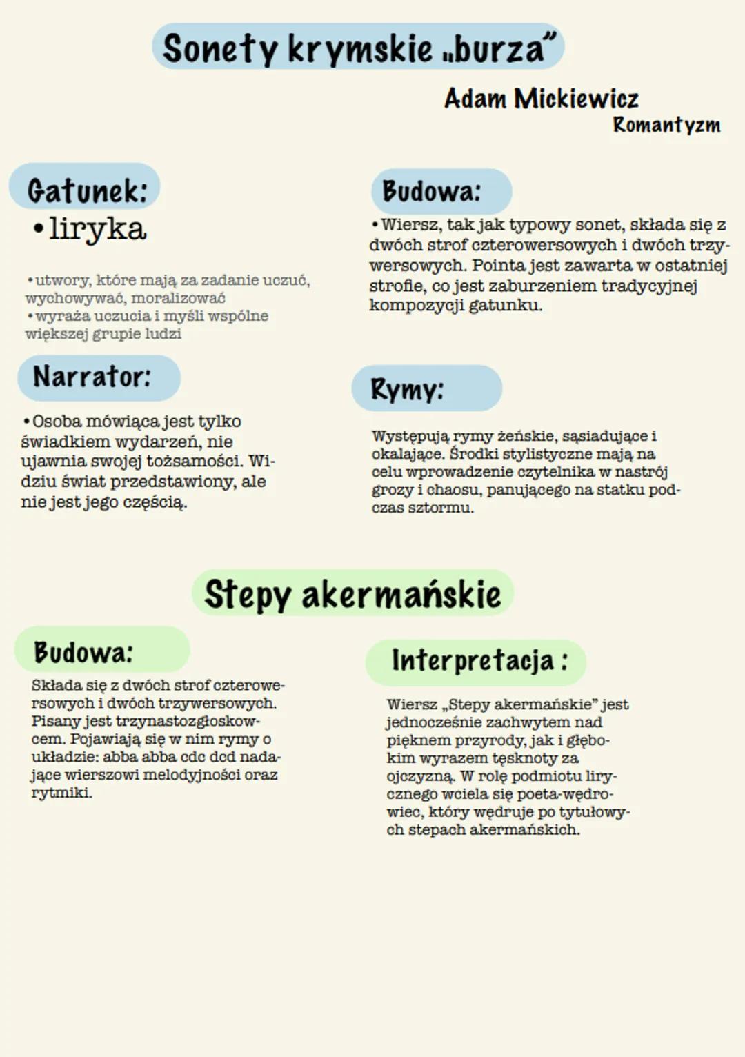 Gatunek:
• liryka
Sonety krymskie „burza
•utwory, które mają za zadanie uczuć,
wychowywać, moralizować
•wyraża uczucia i myśli wspólne
więks