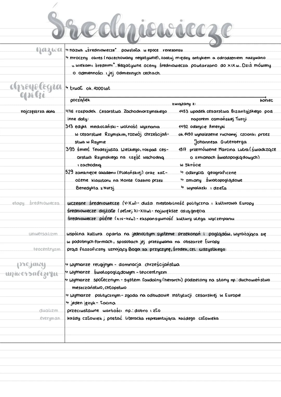 Sredniowiecze
nazwa średniowiecze powstała w epoce renesansu
↳mroczny okres (nacechowany negatywnie), zastuj między antykiem a odrodzeniem n