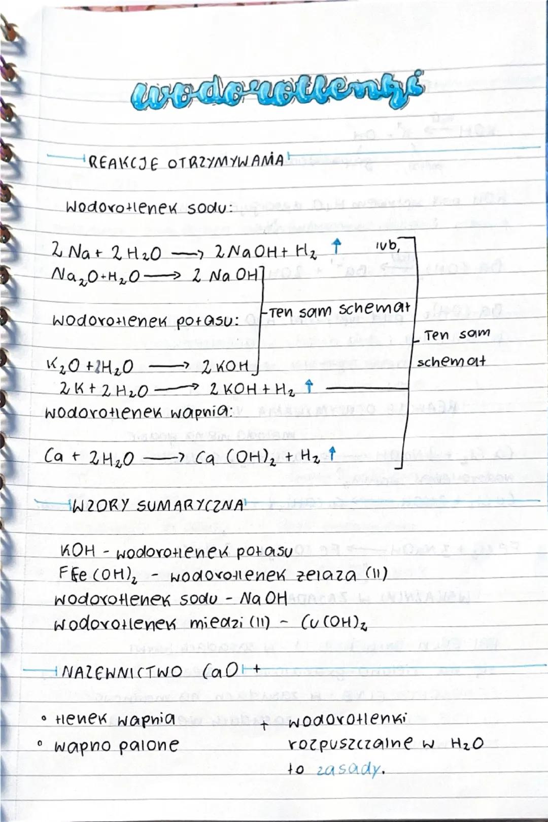 # WODOROTLENKI

REAKCJE OTRZYMYWANIA

Wodorotlenek sodu:

$2Na + 2H_2O \longrightarrow 2NaOH + H_2 \uparrow$
$Na_2O + H_2O \longrightarrow 2