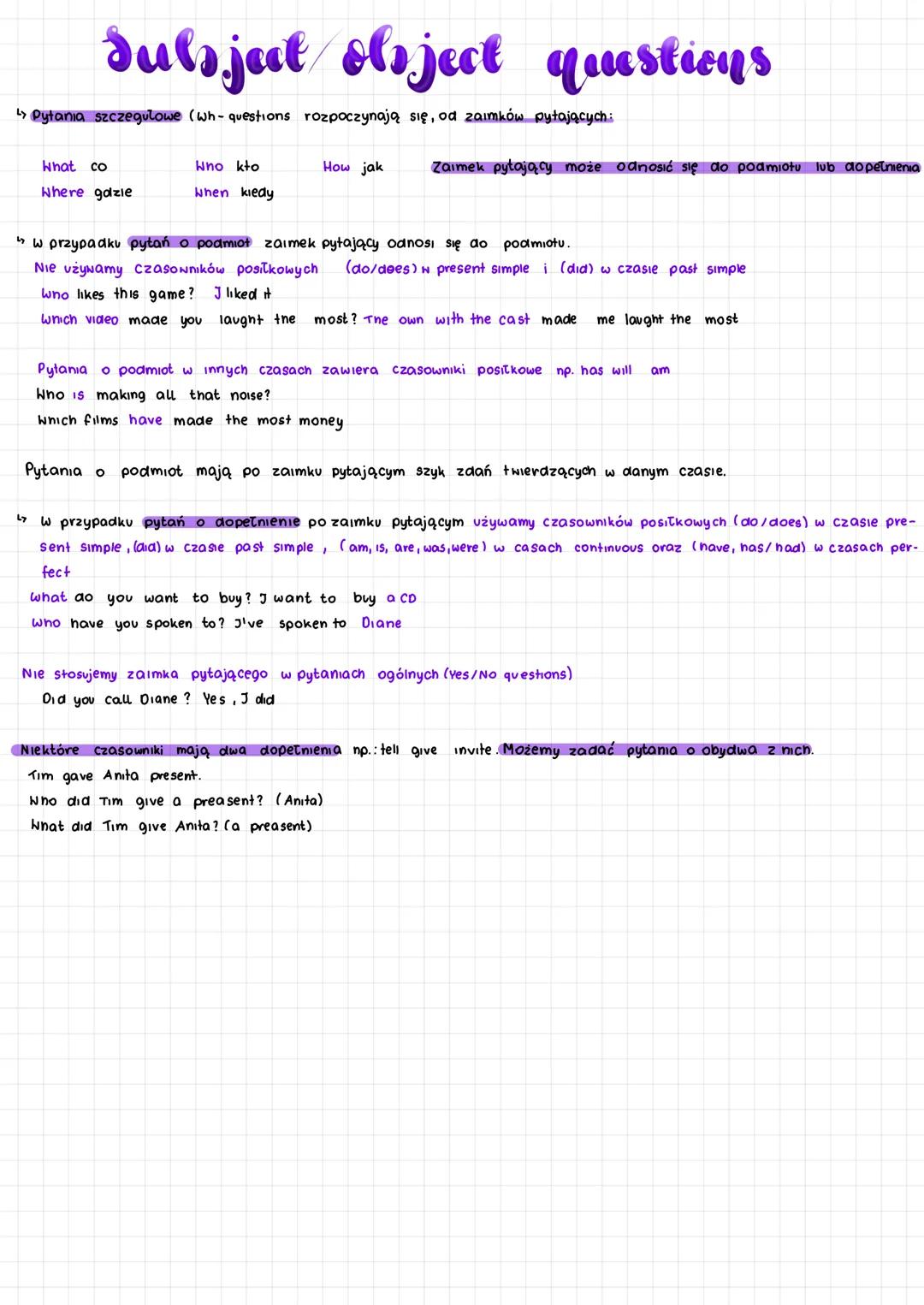 Subsjat olsject questions
↳ Pytania szczegulowe (wh-questions rozpoczynają się, od zaimków pytających:
What co
Where gdzie
Who kto
When kied