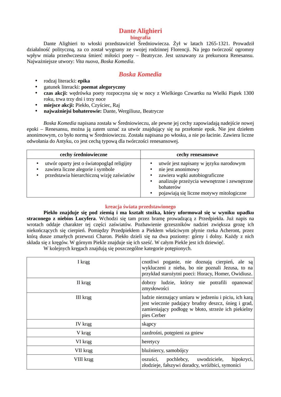 --- OCR Start ---
Dante Alighieri
biografia
Dante Alighieri to włoski przedstawiciel Średniowiecza. Żył w latach 1265-1321. Prowadził
działa