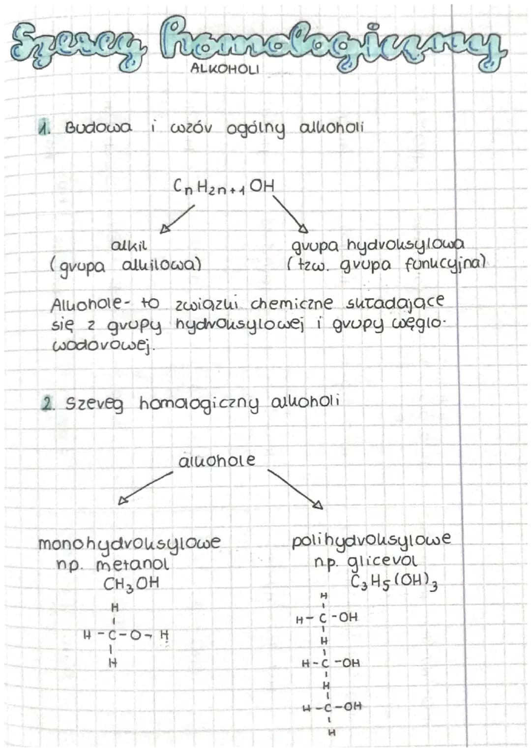 Speer homologicency
1. Budowa i wzóv ogólny alkoholi
ALKOHOLI
alkil
(grupa alkilowa)
CnH₂n+OH
Aluohole- to związki chemiczne sutadające
się 