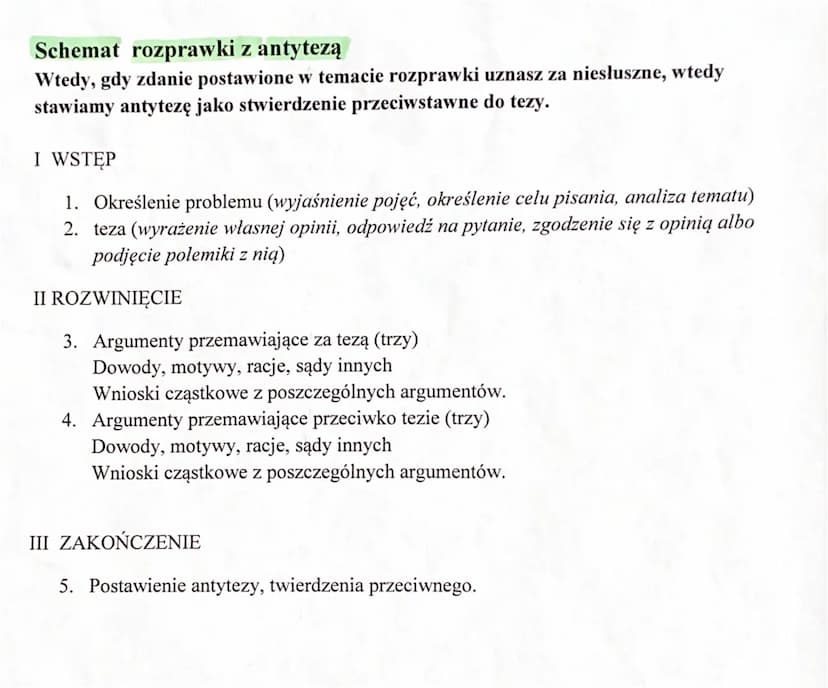 Schemat rozprawki z tezą
I WSTĘP
1. Wprowadzenie w problem (wyjaśnienie pojęć, określenie celu pisania, analiza tematu)
2. Teza (wyrażenie w