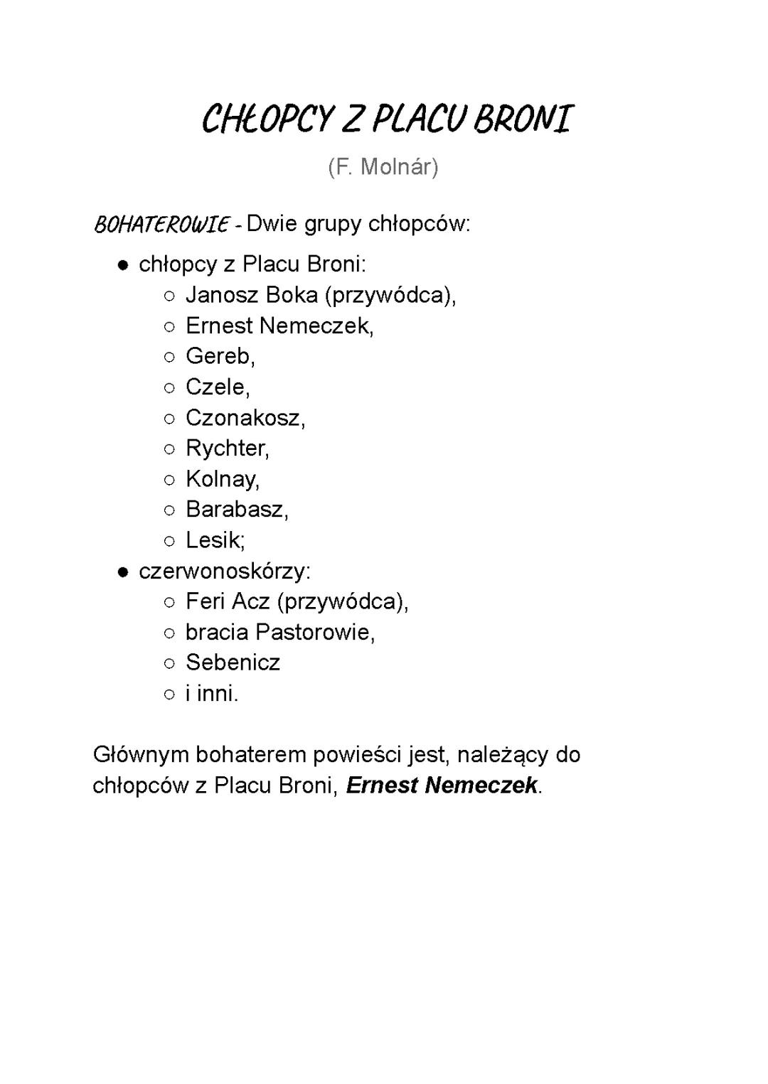 Chłopcy z placu broni - streszczenie i analiza lektury