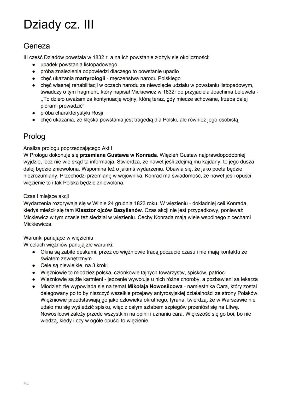 Dziady cz. III
Geneza
III część Dziadów powstała w 1832 r. a na ich powstanie złożyły się okoliczności:
• upadek powstania listopadowego
pró