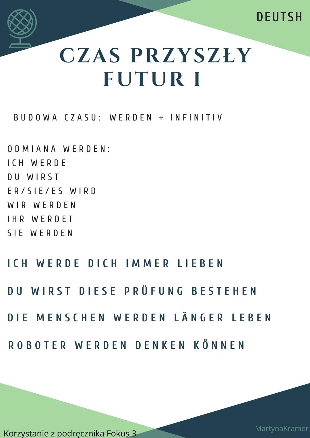 CZAS PRZYSZŁY
FUTUR I

BUDOWA CZASU: WERDEN + INFINITIV

ODMIANA WERDEN:
ICH WERDE
DU WIRST
ER/SIE/ES WIRD
WIR WERDEN
IHR WERDET
SIE WERDEN
