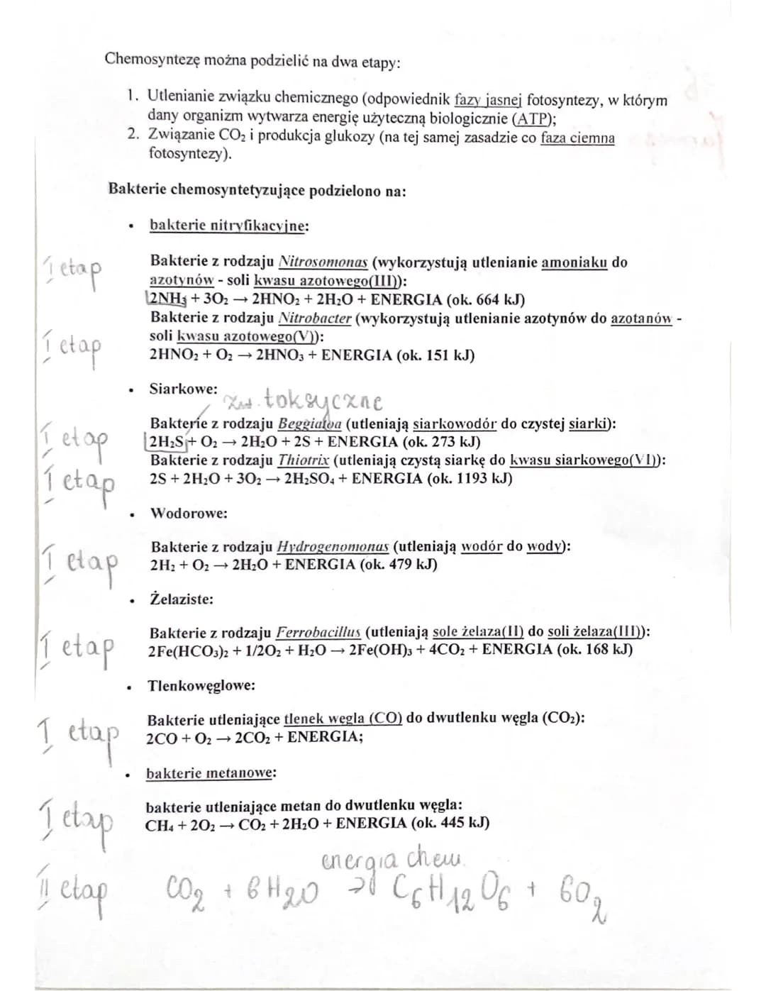 Chemosynteza
Chemosyntexa - proces syntexy związków organicznych
nieorganicznych przy udziale energii pothochodzącej
I utlenkania zwigxków n