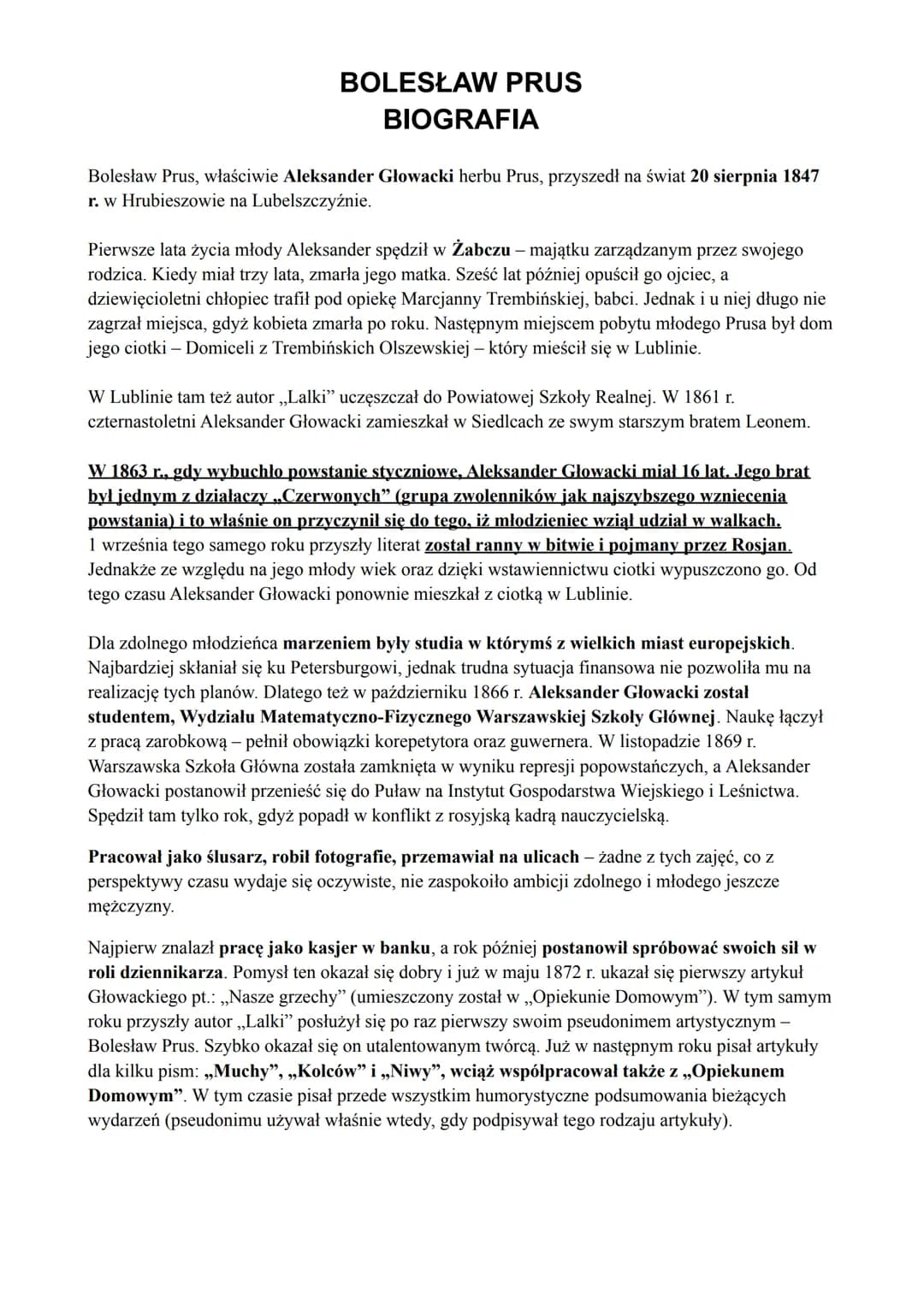 
<p>Bolesław Prus, właściwie Aleksander Głowacki herbu Prus, urodził się 20 sierpnia 1847 r. w Hrubieszowie na Lubelszczyźnie. Pierwsze lata