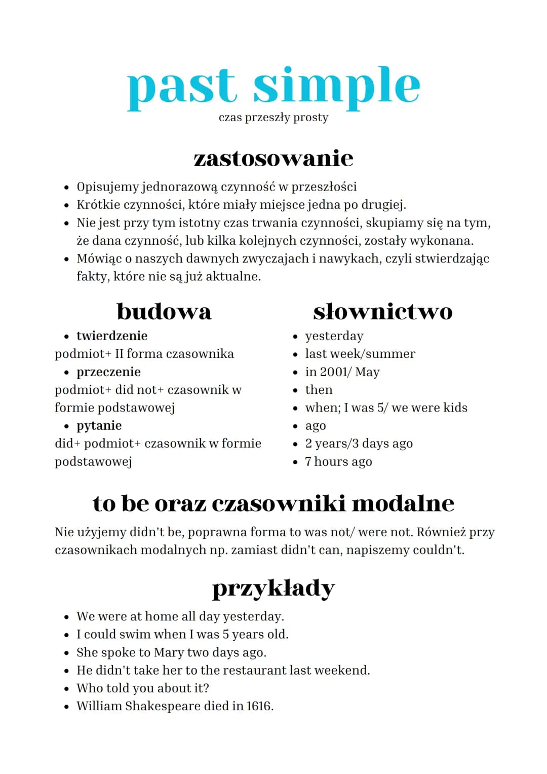 zastosowanie
Opisujemy jednorazową czynność w przeszłości
• Krótkie czynności, które miały miejsce jedna po drugiej.
• Nie jest przy tym ist