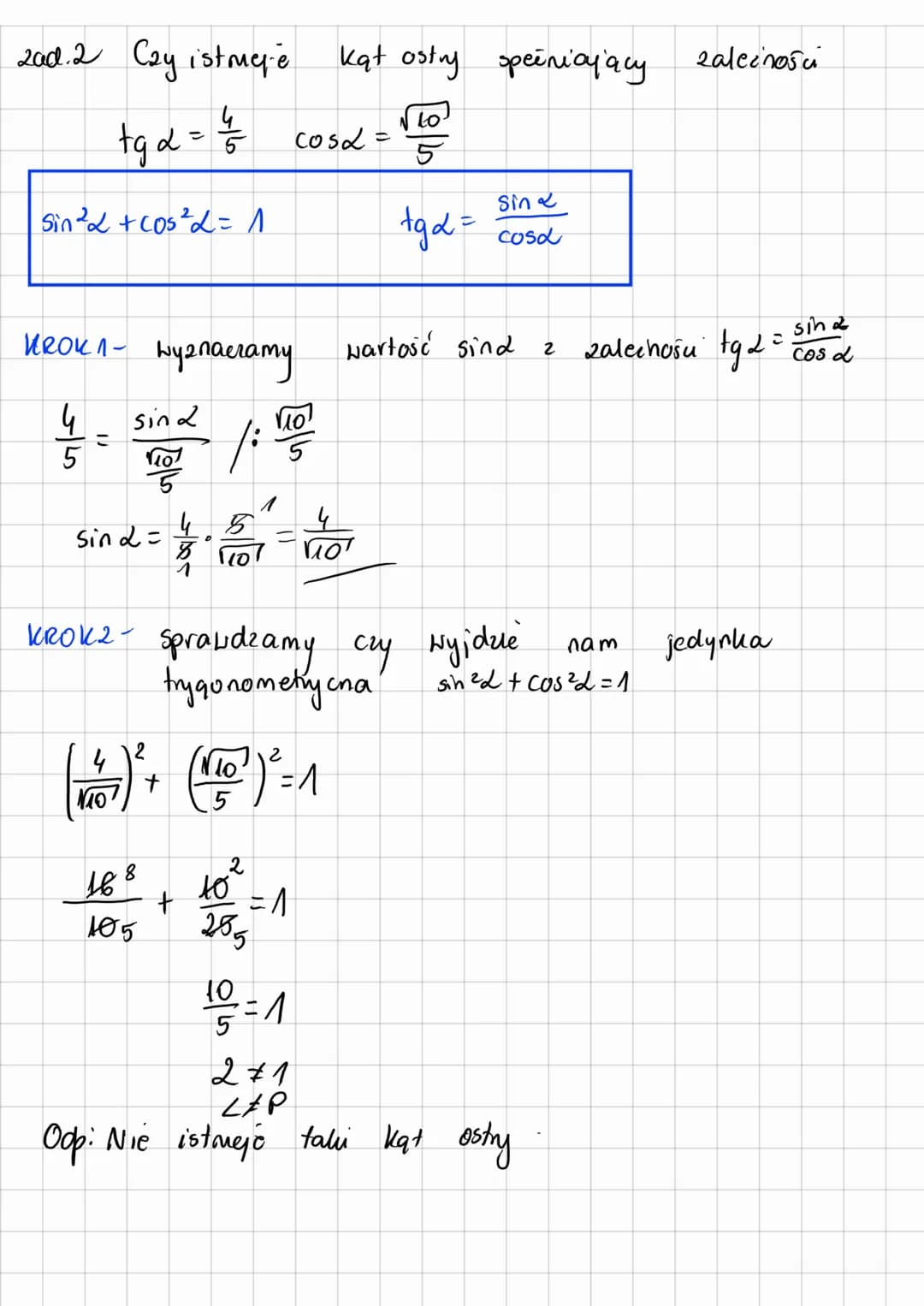 PRZYPOMNIENIE
TRYGONOMETRIA
(ZADANIA)
TWIERDZENIE PITAGORASA
a²+ b²= c²2²
I
Q
b
e
с
e
Sin d = 10
cosd= 10
6
tgd = 13/201
8
ctgde
zad.1 Wyzna