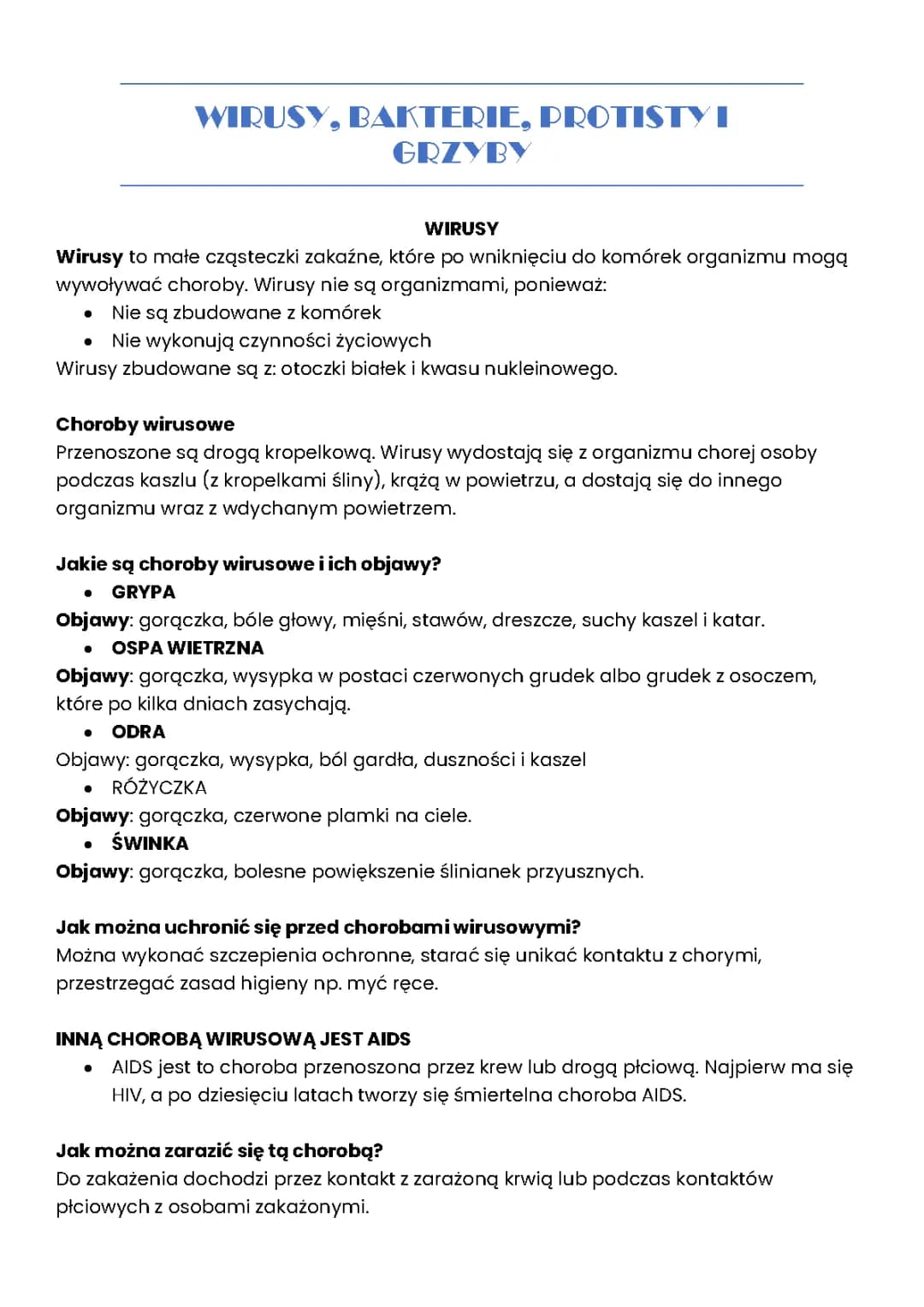 Wirusy, bakterie, protisty i grzyby - Sprawdzian dla Klasy 5 PDF