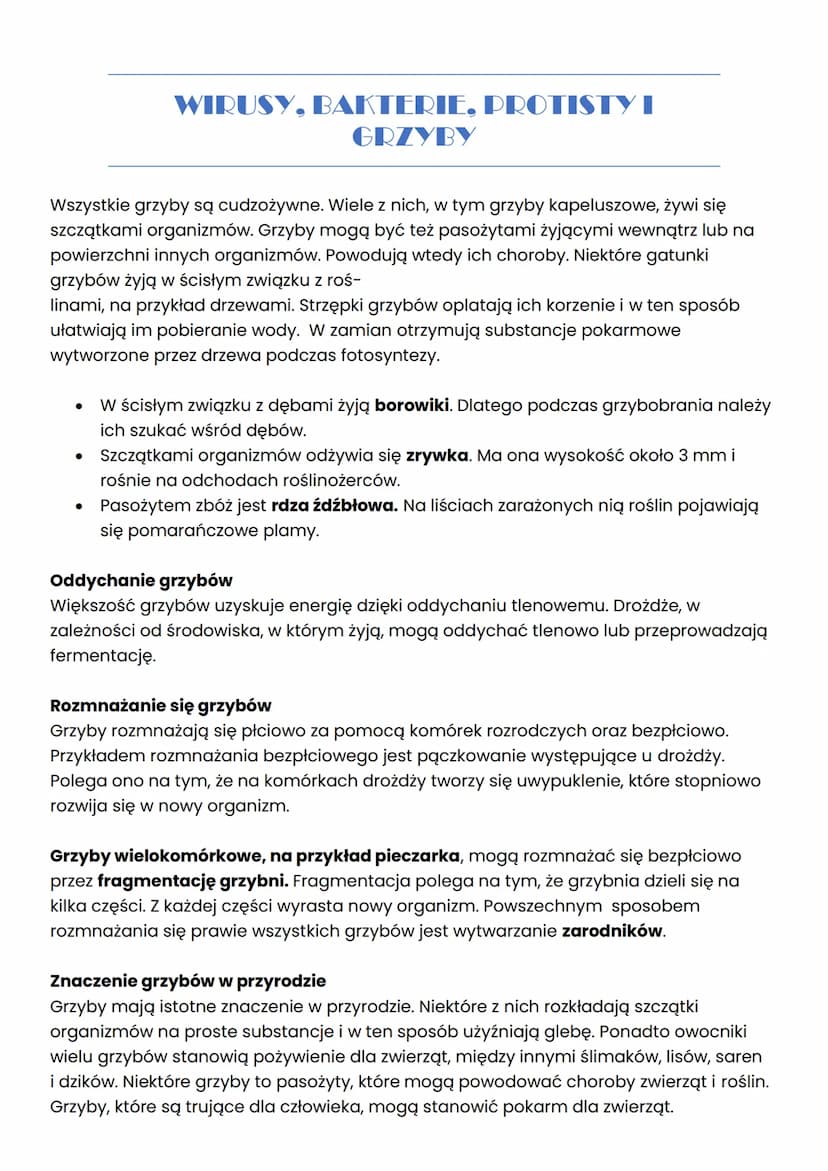 WIRUSY, BAKTERIE, PROTISTY I
GRZYBY
WIRUSY
Wirusy to małe cząsteczki zakaźne, które po wniknięciu do komórek organizmu mogą
wywoływać chorob