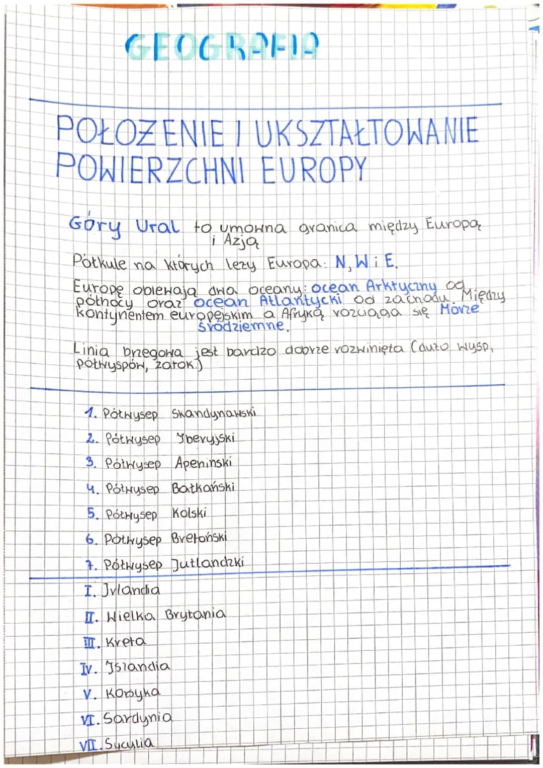 GEOGRAFIA
POŁOZENIE I UKSZTAŁTOWANIE
POWIERZCHNI EUROPY
Gory Ural to umowna granica między Europar
i Azją
Potkule na ktorych lezy Europa: N.