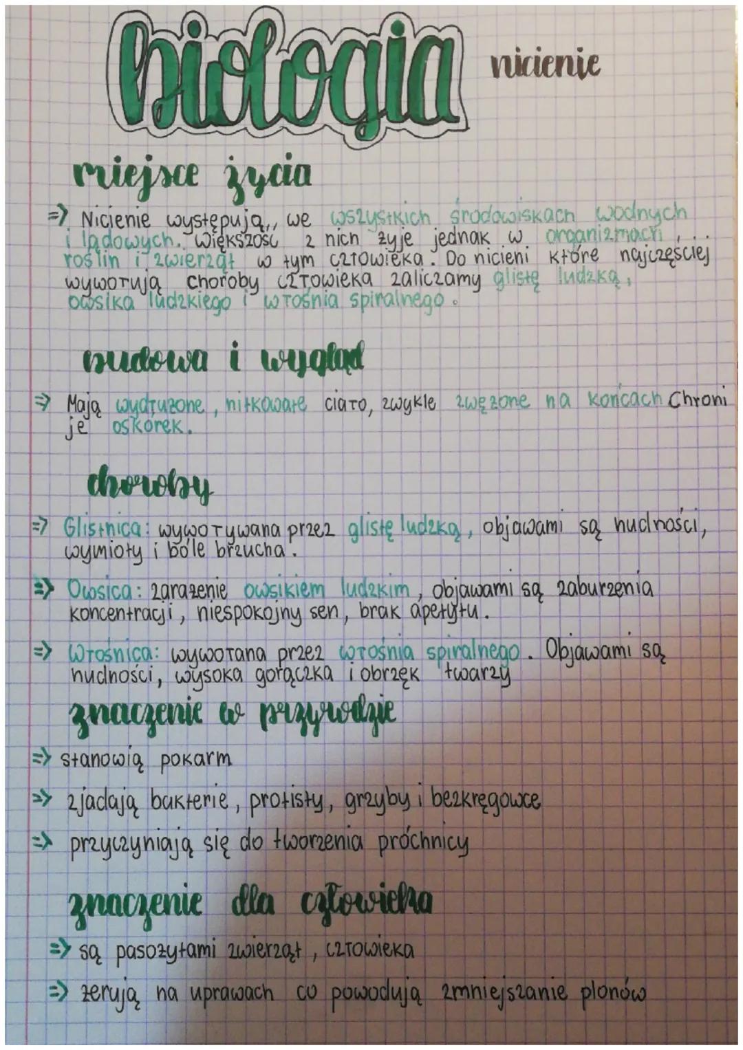 biologia
nicienie
miejsce życia
=> Nicienie występują we wszystkich środowiskach wodnych
i lądowych. Większość z nich żyje jednak w organizm
