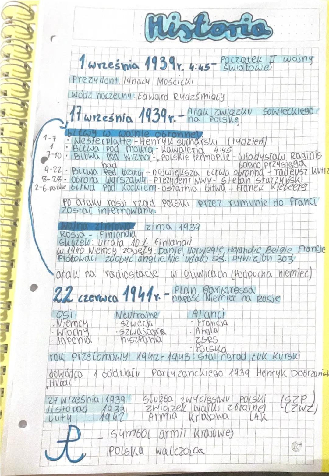 1-7
1
Historia
1 września 1939 r. 4:45 Swiatowe
Początek II wojny
Prezydent: Ignacy Mościcki
wódz naczelny - Edward Rudzsmigly
17 września 1