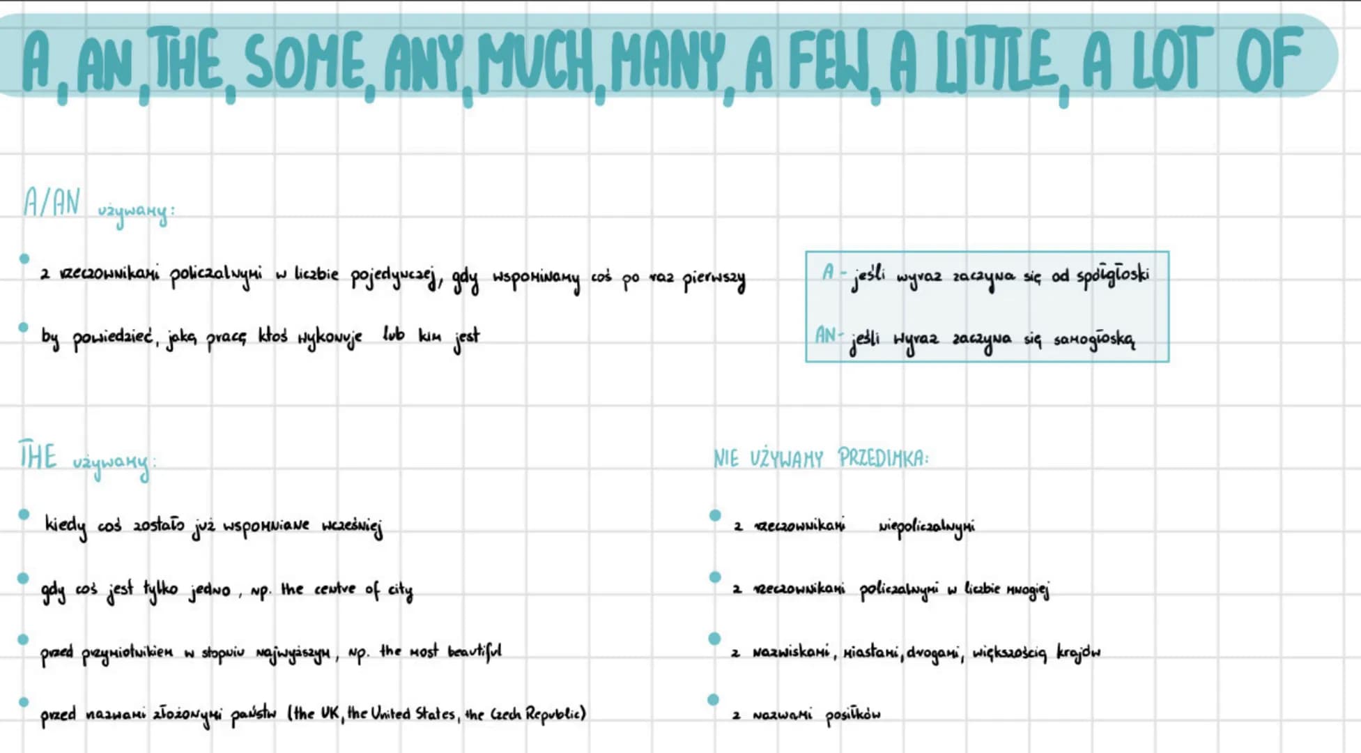 A, AN, THE SOME, ANY, MUCH, MANY, A FEW, A LITTLE, A LOT OF
A/AN
игушану:
2 vzeczownikami policzalnymi w liczbie pojedywczej, gdy wspominamy