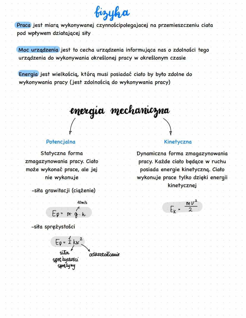  fizyka
Praca jest miarą wykonywanej czynnościpolegajacej na przemieszczeniu ciała
pod wpływem działającej siły
Moc urządzenia jest to cecha