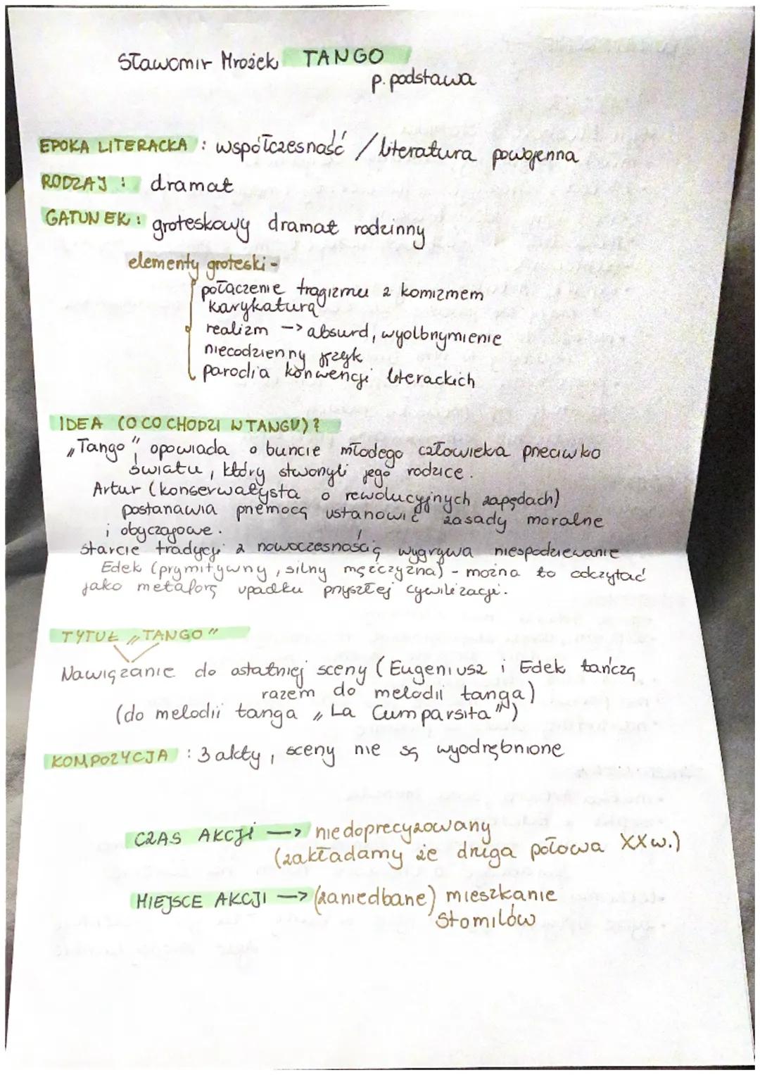 Sławomir Mrożek TANGO
p. podstawa

EPOKA LITERACKA: współczesność/literatura powgenna

RODZAJ: dramat

GATUNEK: groteskowy dramat rodzinny

