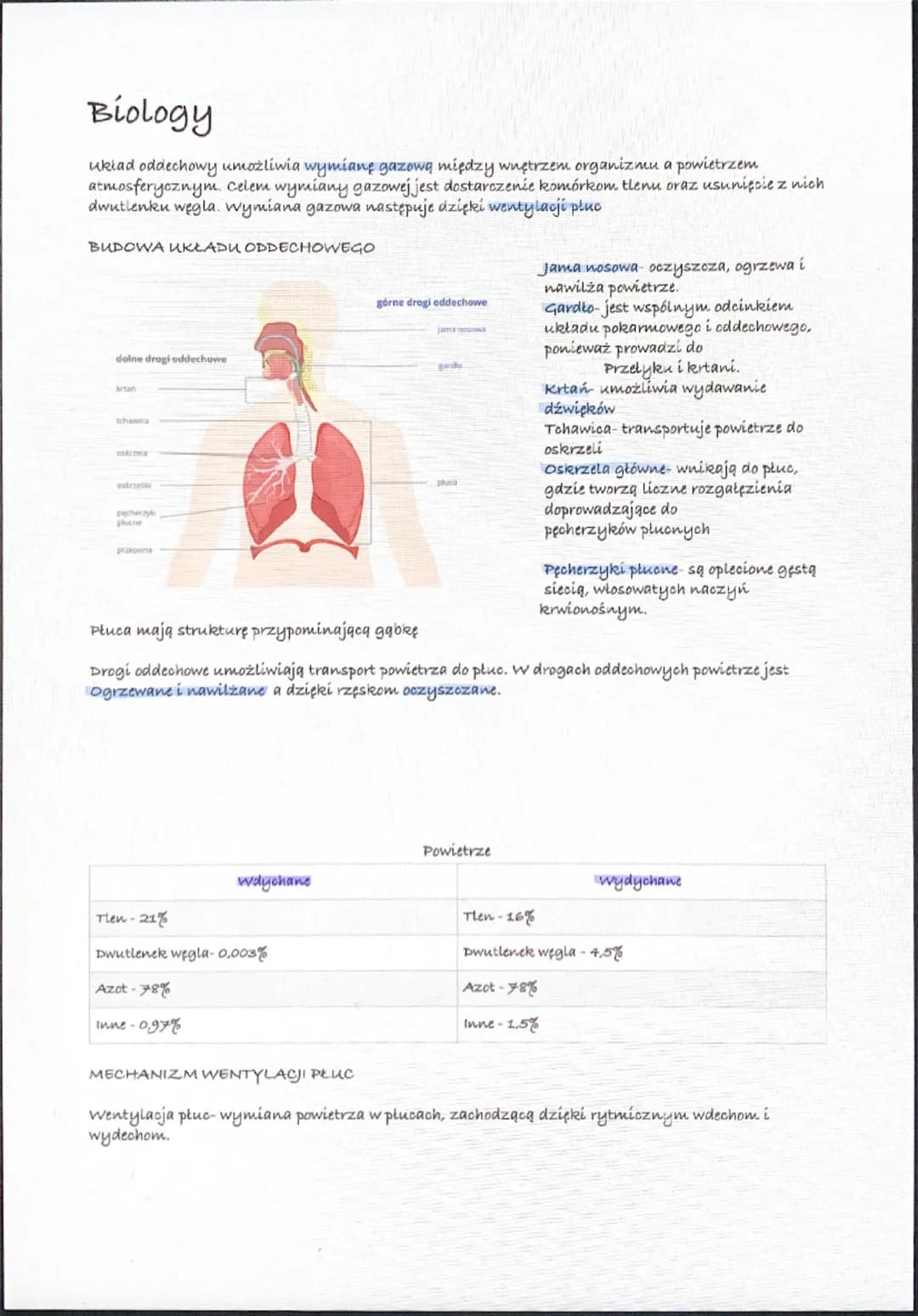 Biology
układ oddechowy umożliwia wymianę gazową między wnętrzem organizmu a powietrzem
atmosferycznym. Celem wymiany gazowej jest dostarcze