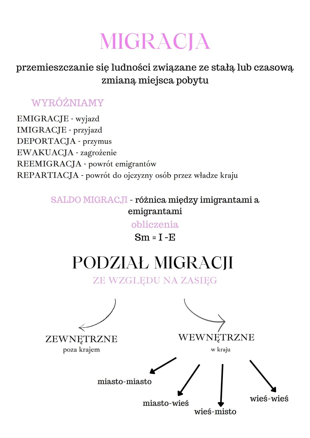 MIGRACJA
przemieszczanie się ludności związane ze stałą lub czasową
zmianą miejsca pobytu
WYRÓŻNIAMY
EMIGRACJE - wyjazd
IMIGRACJE - przyjazd