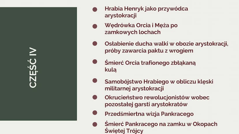 PLAN WYDARZEŃ
NIE-BOSKA KOMEDIA -
CZĘŚĆ 4
ZYGMUNT KRASIŃSKI CZĘŚĆ IV
●
●
Hrabia Henryk jako przywódca
arystokracji
Wędrówka Orcia i Męża po
