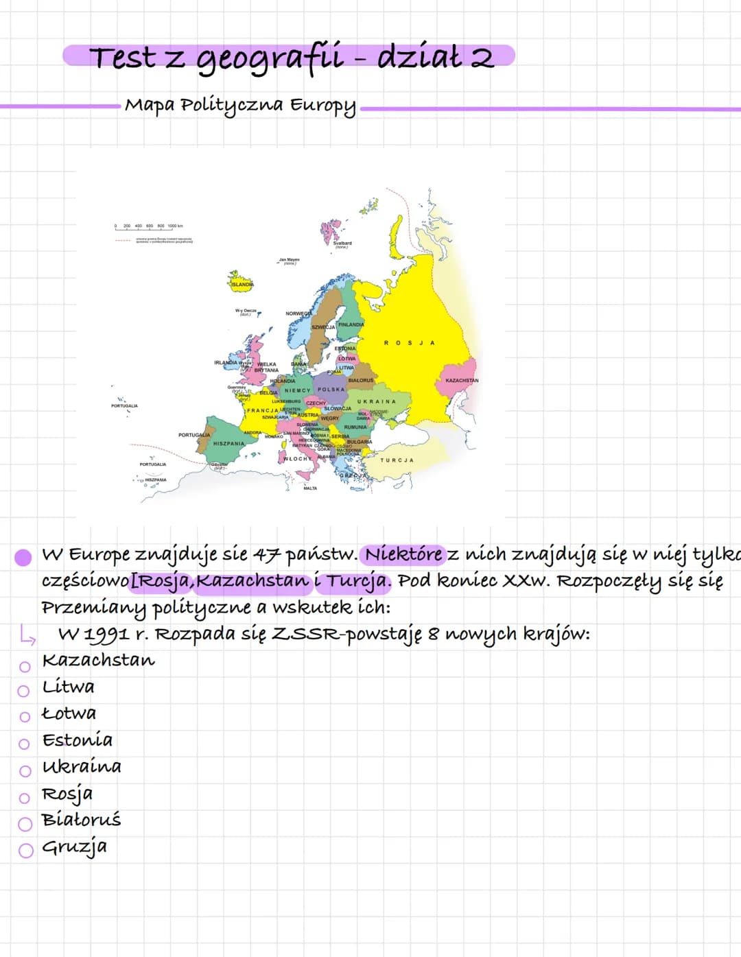 es by
Geografia Τοο
Test z geografii - dział 2
•Mapa Polityczna Europy.
0 200 400 600 800 1000 km
ΟΟΟΟ
www.f
PORTUGALIA
Litwa
o Łotwa
Estoni