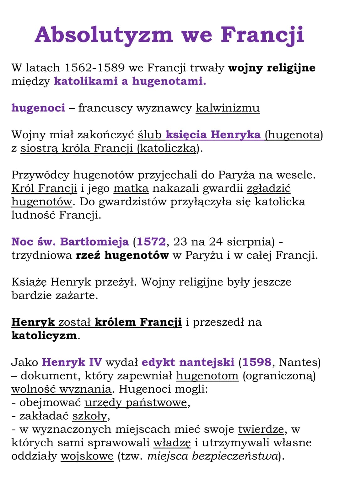 Absolutyzm we Francji
W latach 1562-1589 we Francji trwały wojny religijne
między katolikami a hugenotami.
hugenoci - francuscy wyznawcy kal