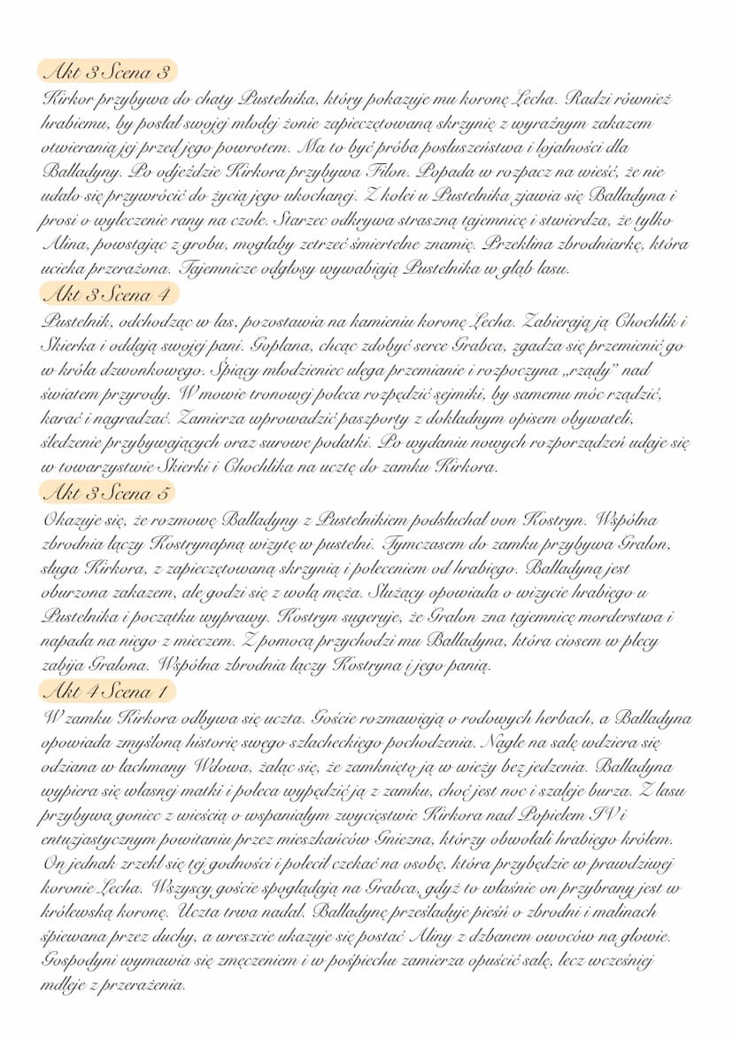 Balladyna
Plan wydarzeń:
Akt 1
1. Rozmowa Księcia Kirkora z
Pustelnikiem oraz rada byłego
króla.
2. Opowieść Filona o idealnej
kochance.
3. 