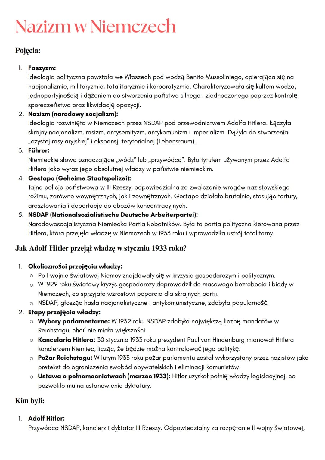 Nazizm w Niemczech
Pojęcia:
1. Faszyzm:
Ideologia polityczna powstała we Włoszech pod wodzą Benito Mussoliniego, opierająca się na
nacjonali